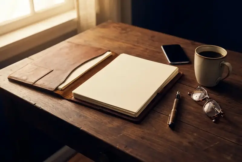 An open leather folder, fountain pen, reading glasses and coffee on a wooden desk in warm afternoon light