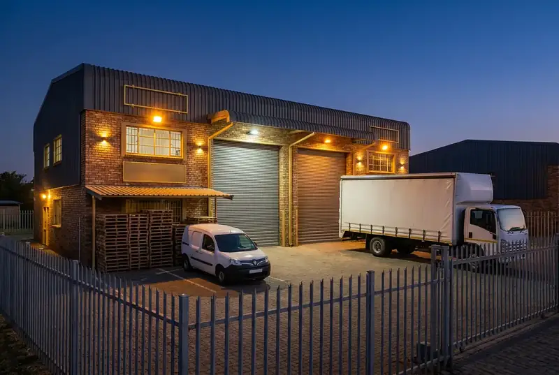 A small South African light-industrial unit at dusk with roller shutter doors and a delivery truck in a fenced yard