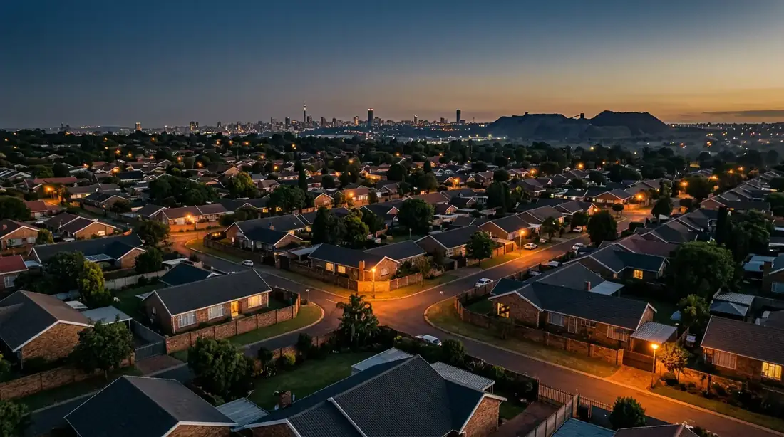 Aerial view of Alberton, Gauteng at dusk with the Johannesburg skyline on the horizon