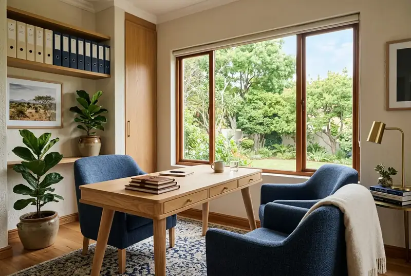 The Micah Financial Services consultation room in Alberton, with armchairs, an oak table and filed policy folders